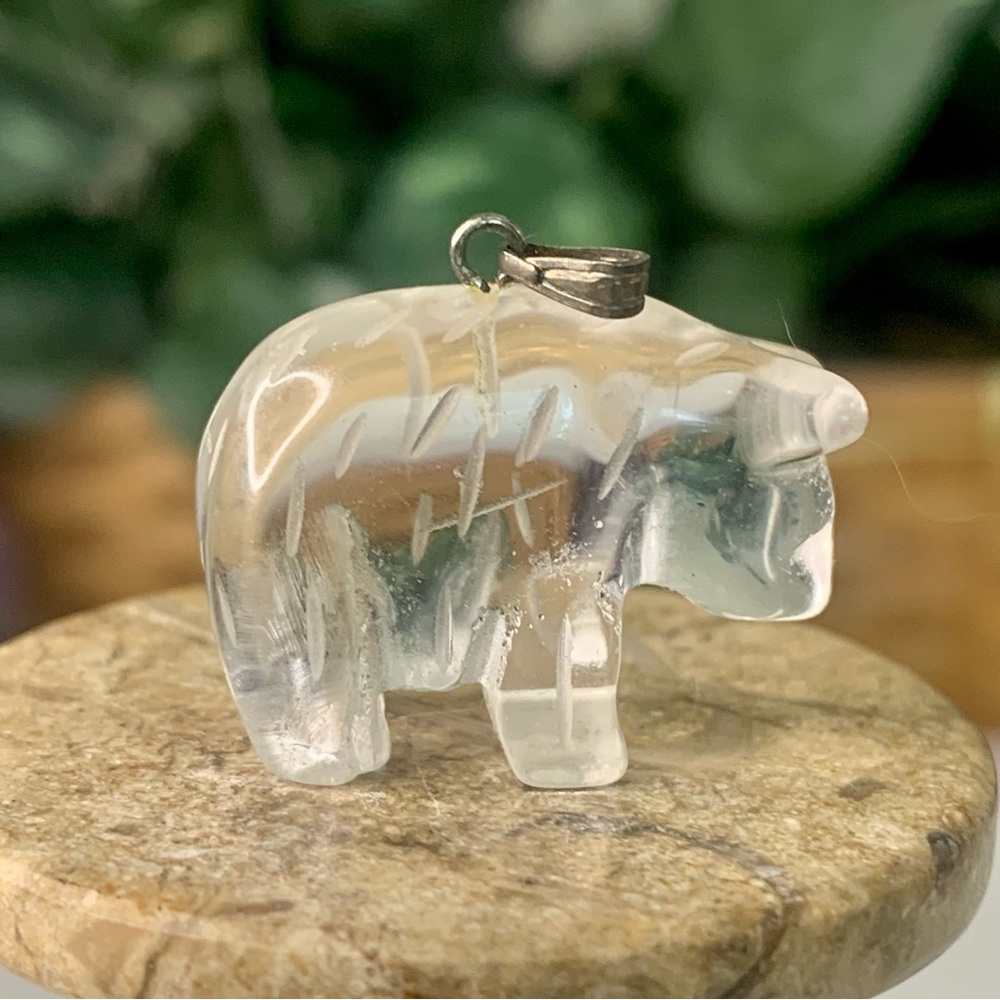 Vintage Clear Quartz Bear Fetish Pendant Miniature Carved Crystal Spirit Animal